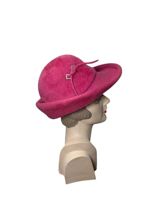 1960s pink hat in fur felt with asymmetrical brim and rhinestone accent by Kutz main image 5